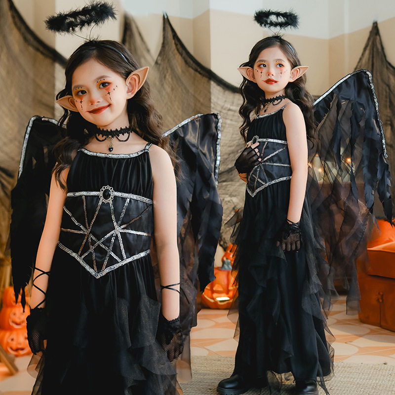 万圣节演出服装女童魔咒恶魔天使翅膀装暗黑精灵连衣裙黑色儿童
