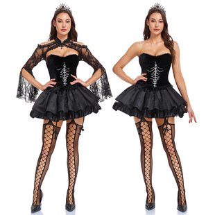甜酷纯欲哥特风蕾丝套装 万圣节性感连衣裙暗黑寡妇角色扮演cos服
