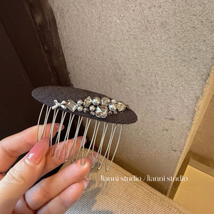 灰色轻奢水钻碎发整理整理发梳时尚复古布艺倒插梳发饰边夹发卡