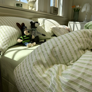 韩系舒适简约文艺风纯色条纹四件套被套床上用品床单宿舍床三件套