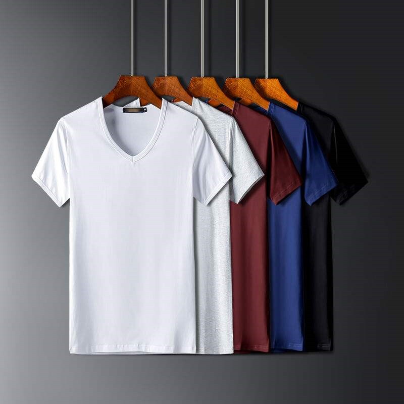 莫代尔棉短袖t恤男装v领纯色多色夏季冰丝冰感修身潮流半袖打底衫