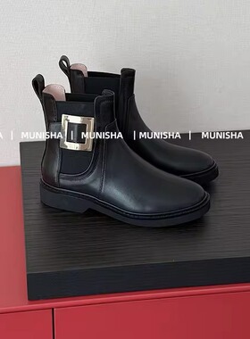 MUNISHA 赵露思 同款 经典方扣 平底马丁靴 25SS真皮羊皮短靴 女