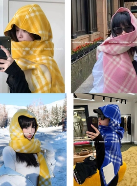 MUNISHA  顶配版！经典款格子羊毛 25秋冬带帽连帽围巾披肩围脖女