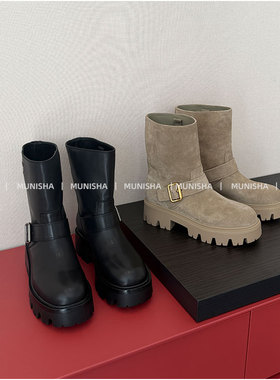 MUNISHA 顶配版！ 三角标 绝美骑士靴 时髦复古皮带扣马丁靴 女