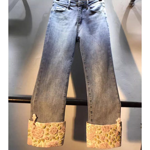 新中式！秋冬新款高弹显瘦立体花手工缝珠拼接翻边九分牛仔烟管裤