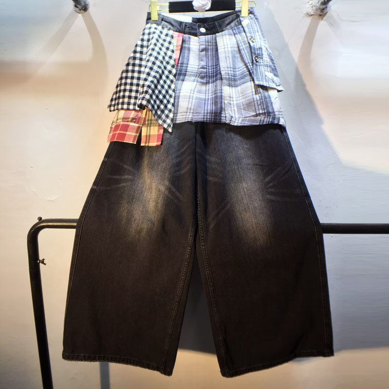 格子屁帘假两件叠穿阔腿牛仔裤