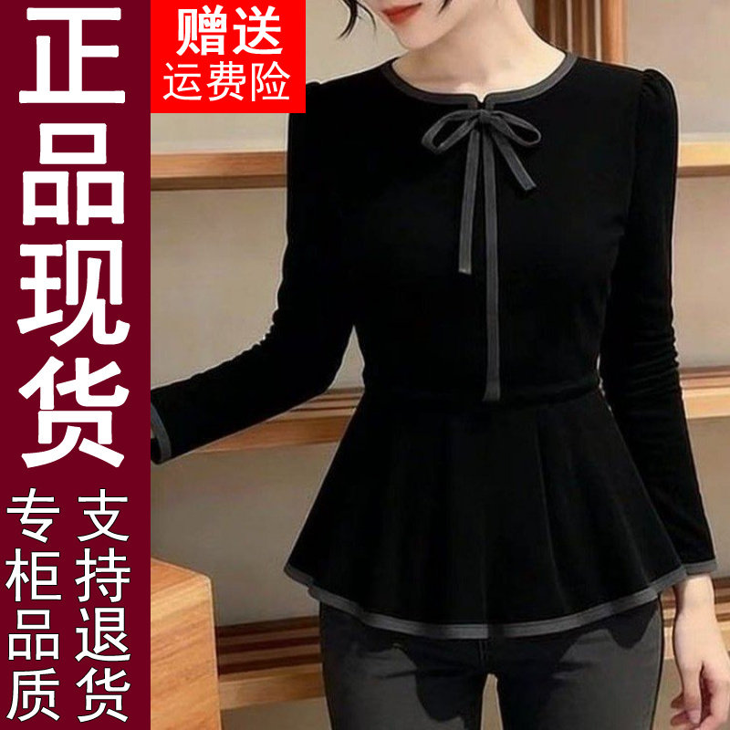 正品丝绒黑色上衣2026秋季系带蝴
