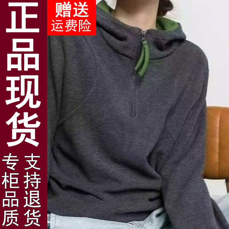 正品原版2026冬季新款时尚半拉链连帽拼色韩版双面绒卫衣