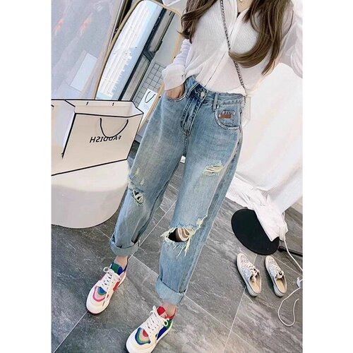 春秋破洞高腰显瘦阔腿牛仔裤女