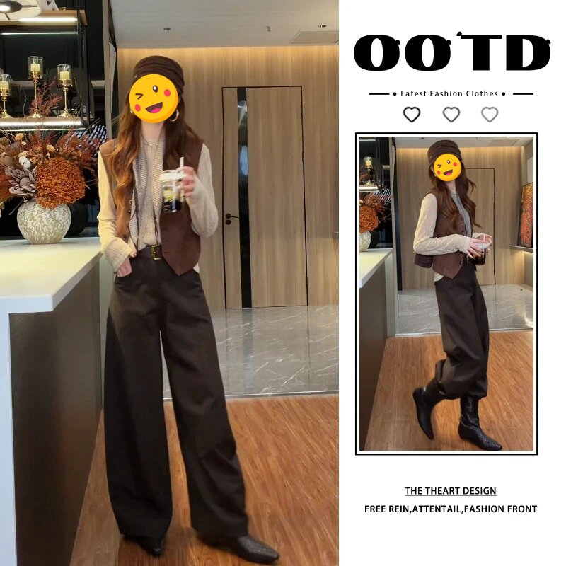 秋季套装通勤穿搭宽松马甲时尚长袖打底衫高腰遮胯休闲裤三件套女