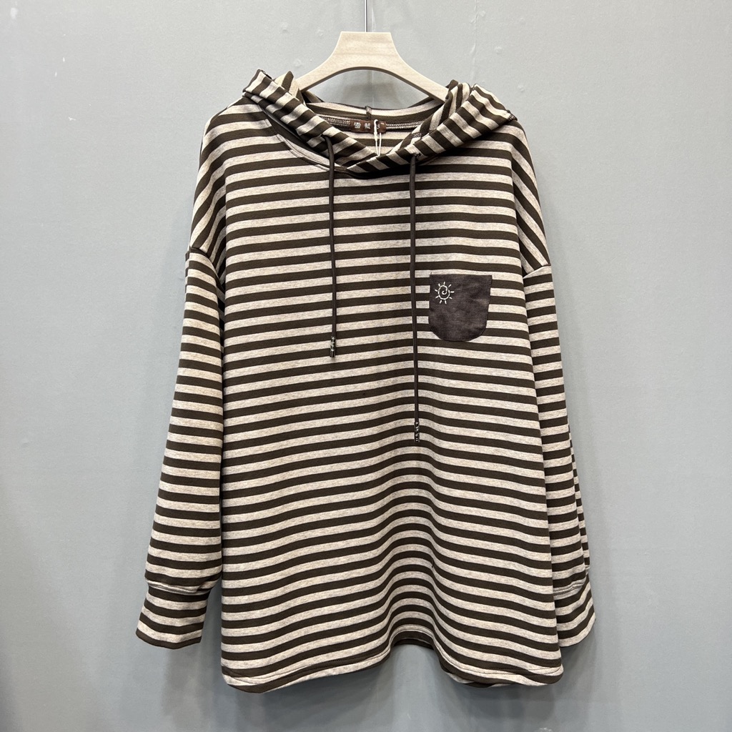 雪蓝衫复古条纹连帽卫衣女宽松长袖小口袋学院风减龄上衣G372