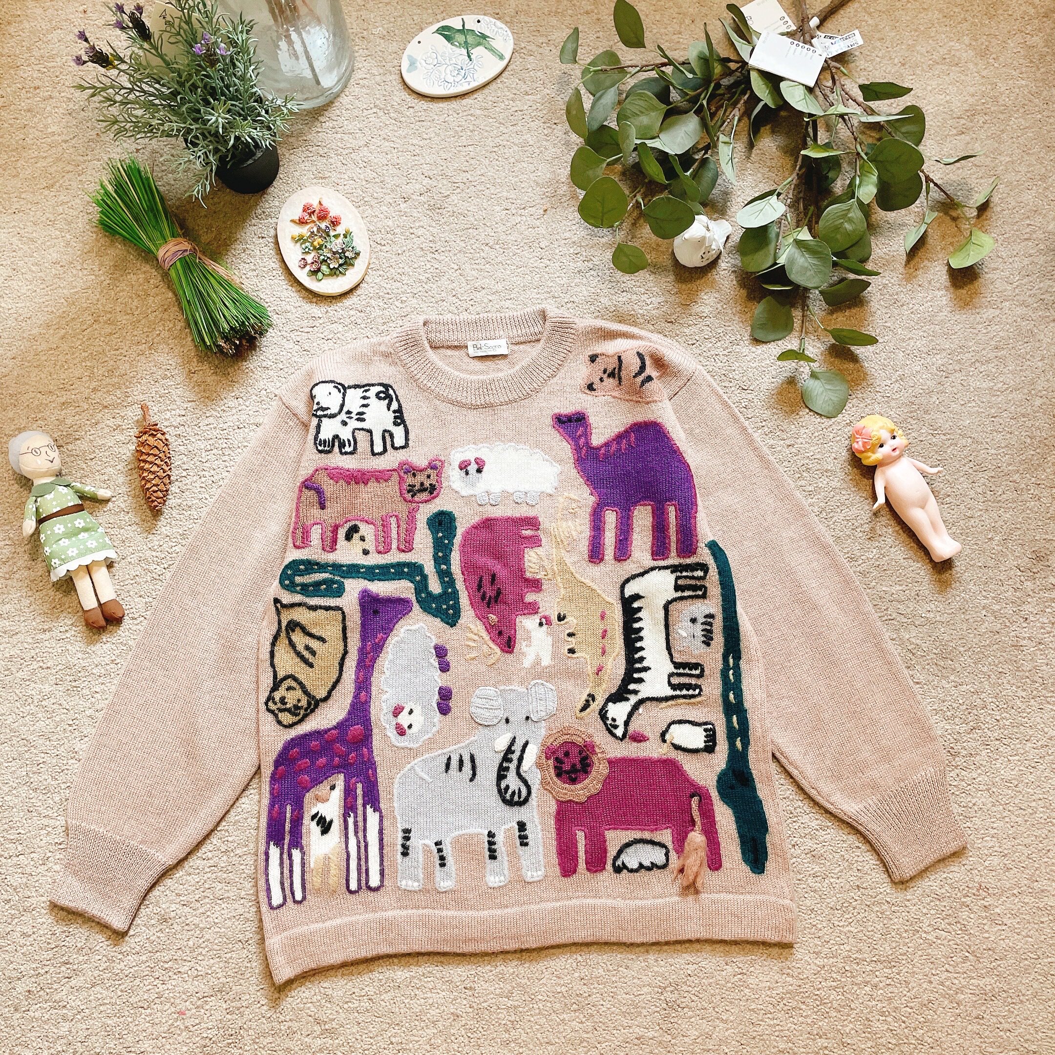 精品 趣味肉色可爱满满动物园 纯手工孤品古着毛衣vintage