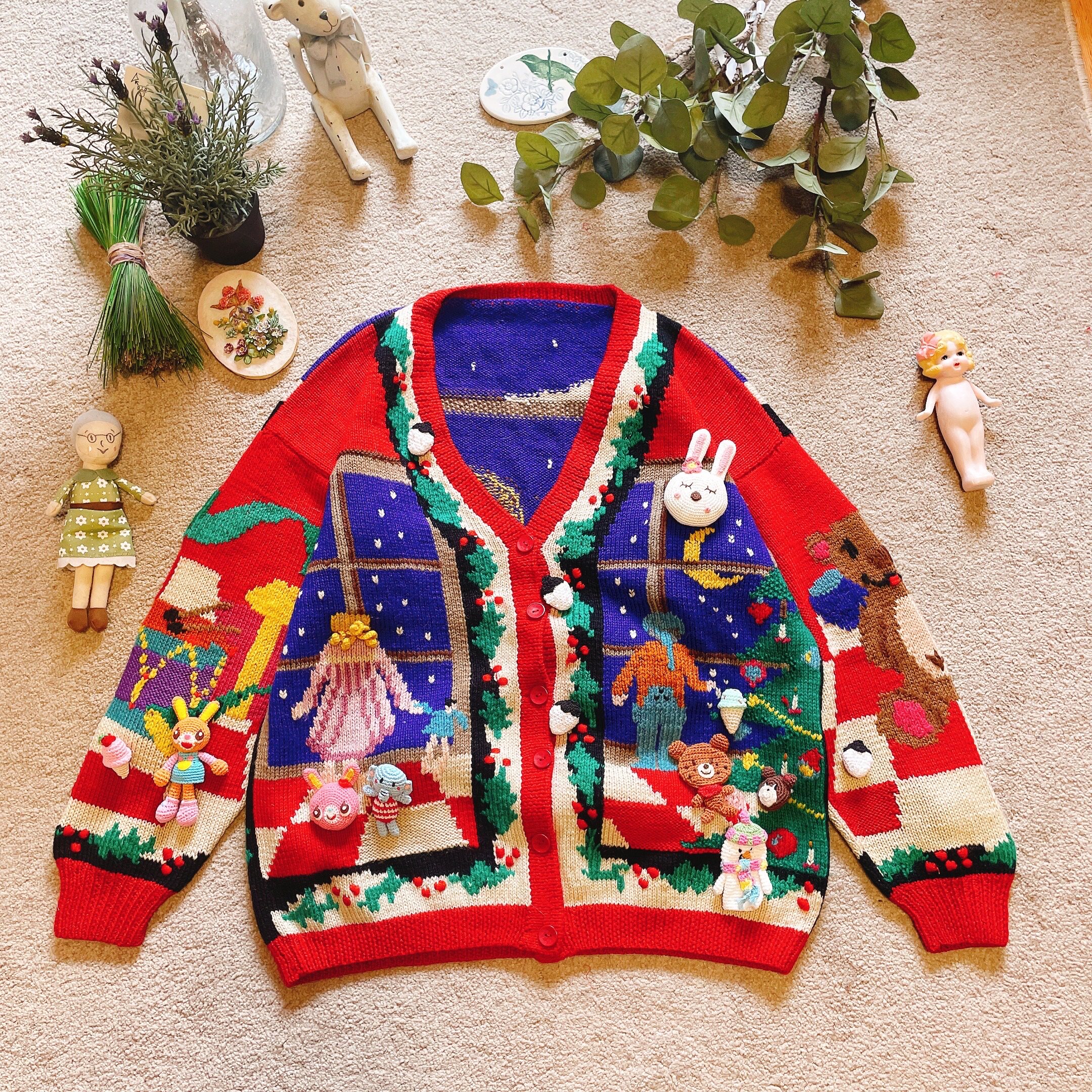 美国购回精品 趣味窗前的圣诞老人和孩子们 纯手工孤品古着毛衣