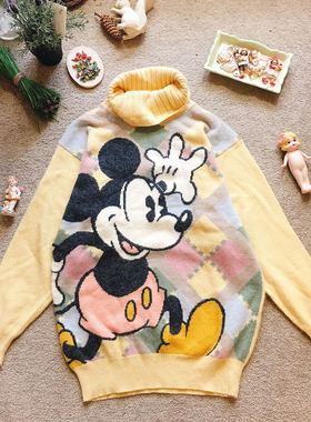 特 美国购回奶黄色迪士尼米奇 纯手工古着毛衣全新