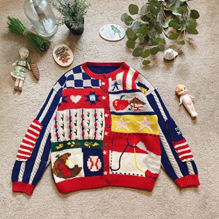 美国购回趣味星条旗彩色几何星星苹果 纯手工孤品古着毛衣