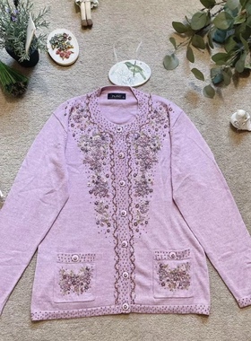 日本粉紫色森系精致珠绣花圃vintage古着毛衣