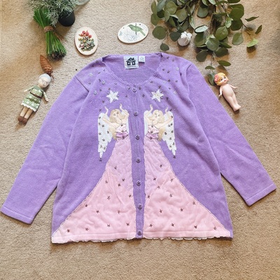 美国购回精品梦幻浅紫色天使少女vintage手工古着毛衣