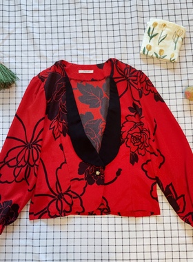 日本正红色中国风黑牡丹vintage衬衫外套