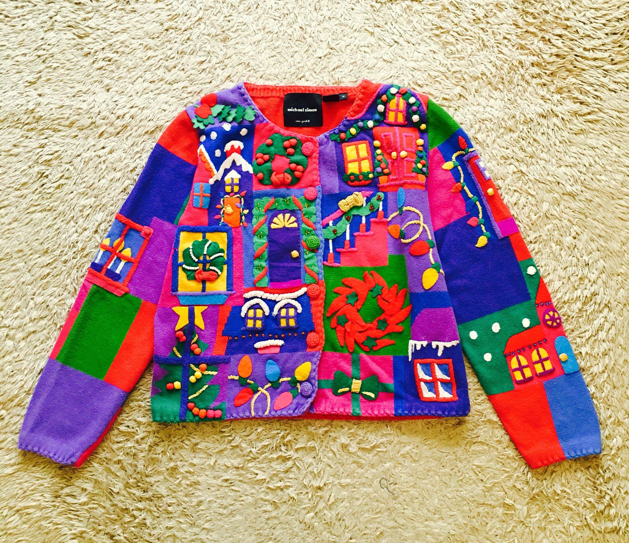 美国购回牛货 趣味重磅彩色圣诞夜房子 纯手工孤品毛衣