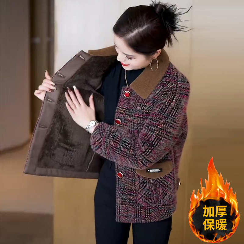 妈妈秋冬水貂绒上衣50岁中年女呢子大衣洋气中老年女冬装加绒外套