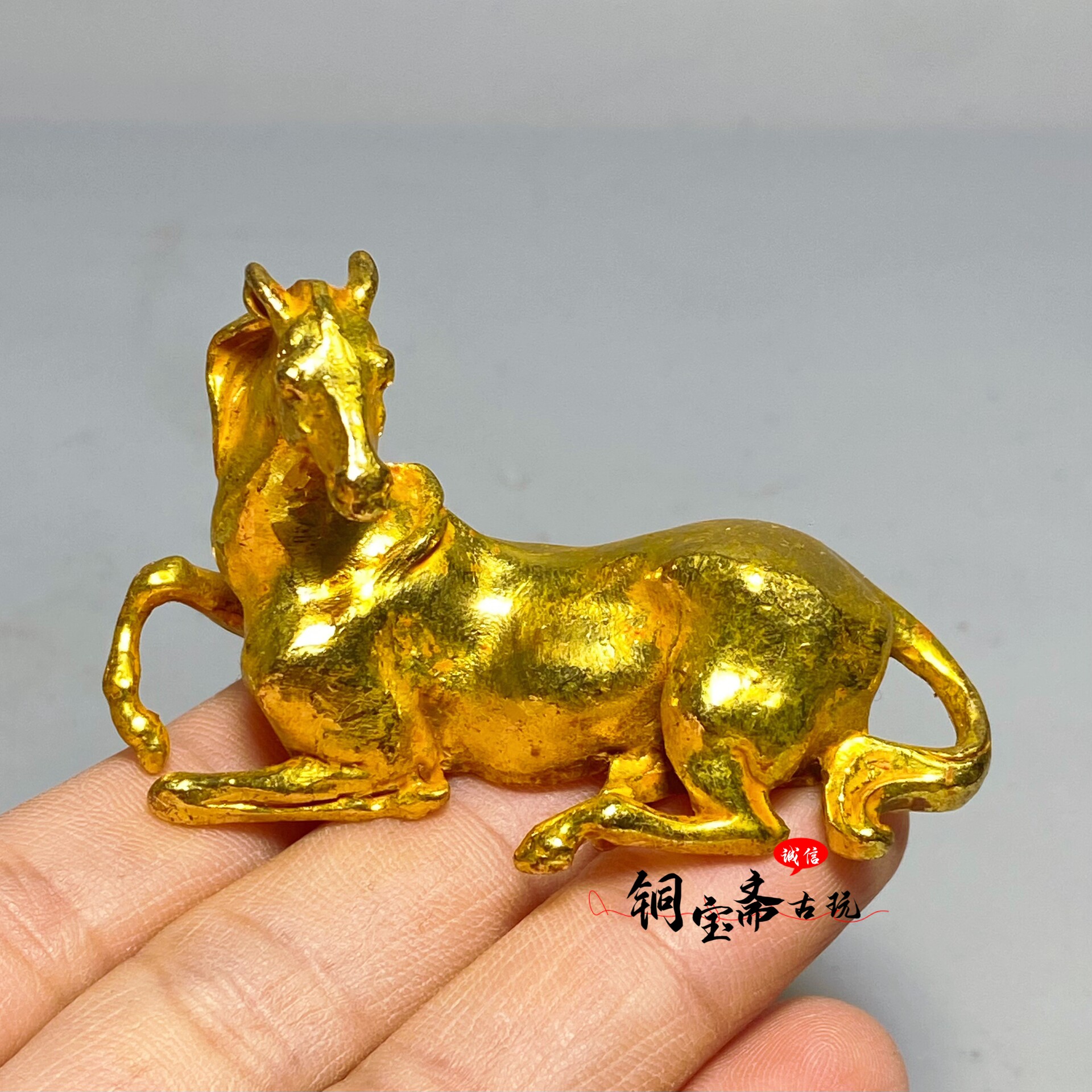 仿古铜器镀金马骏马到功成十二生肖马手把件茶宠茶玩家居装饰摆件
