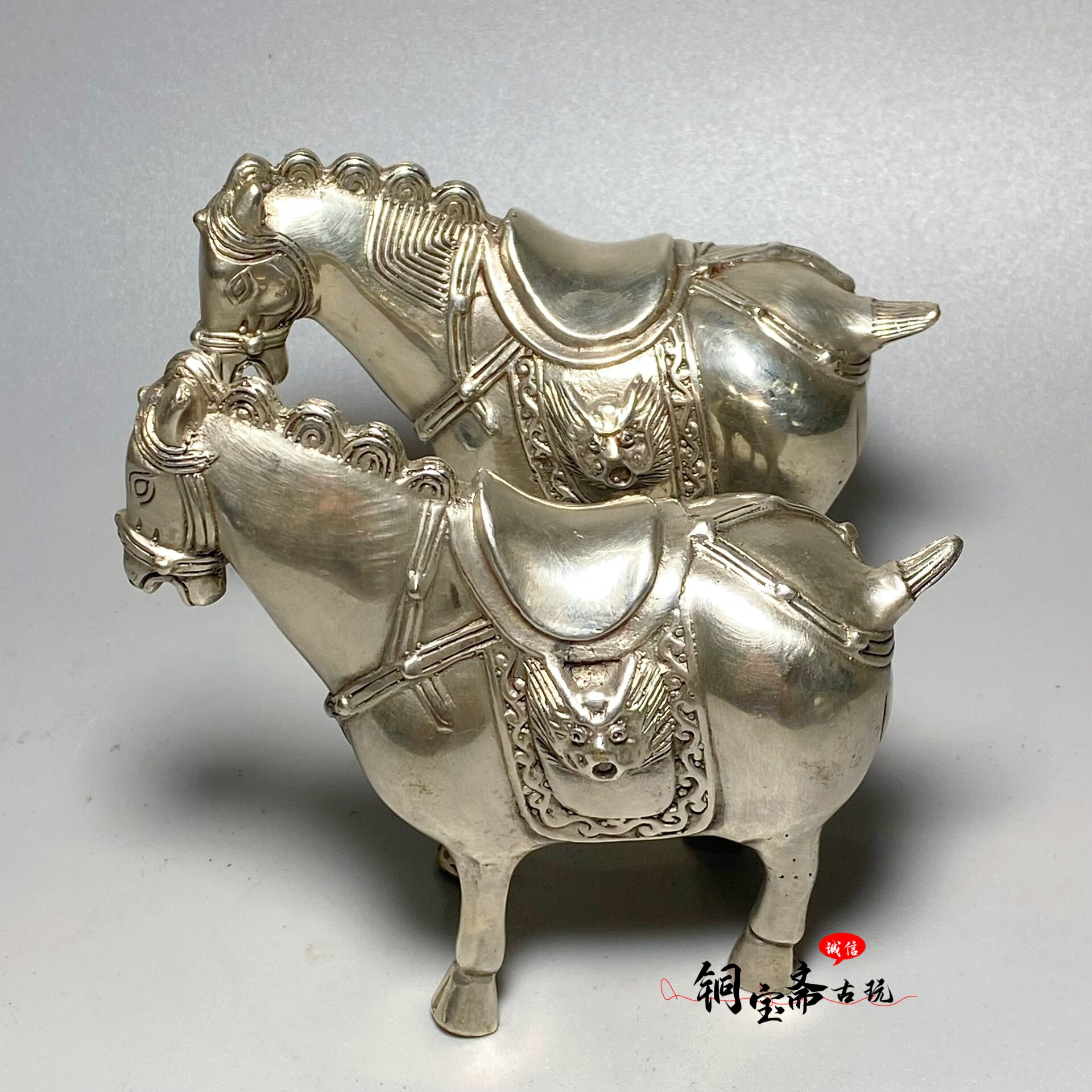 仿古纯铜镀银唐马摆件生肖马中式马到成功家居办公室招财铜马摆件
