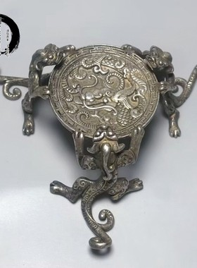 古玩老银器螭龙抬花碟茶玩盖置茶托中式古典小铜器装饰品书房摆件