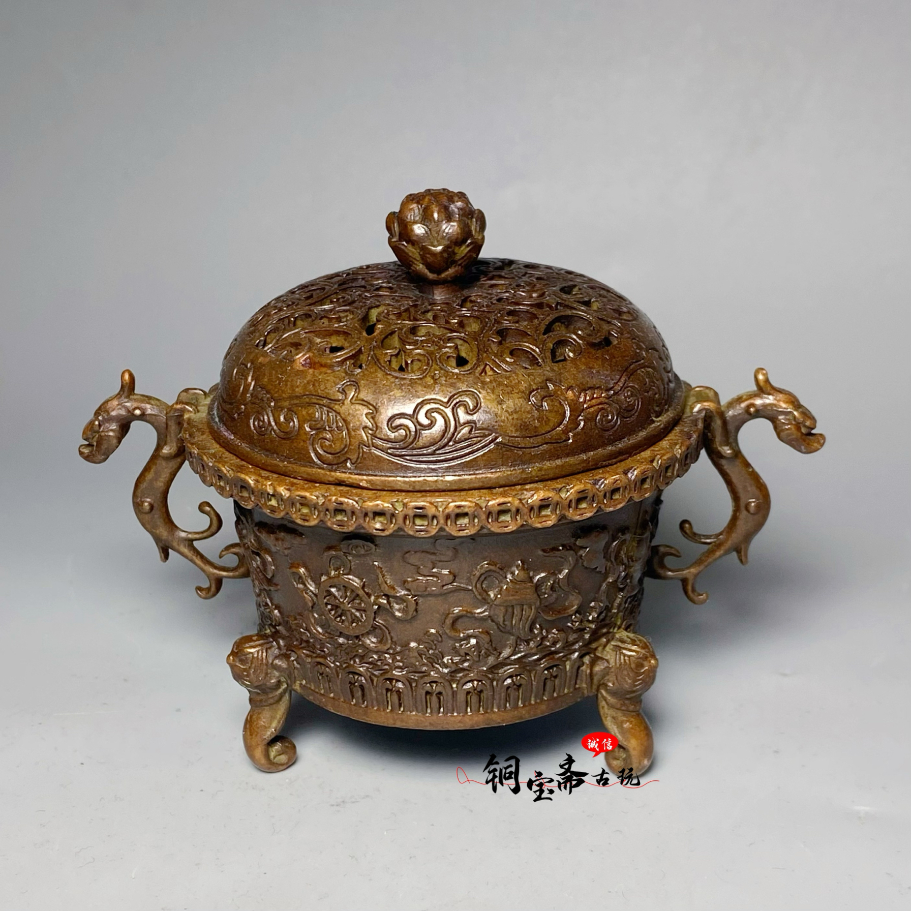 古玩铜器螭龙八吉祥熏香炉象鼻耳三足鼎复古宣德炉带盖香熏炉摆件