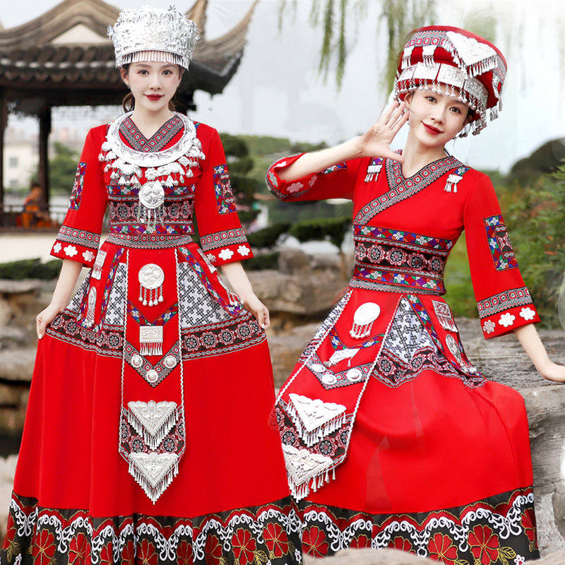 苗族服装女成人湘西苗寨写真旅拍长裙瑶族舞台演出服少数民族服饰