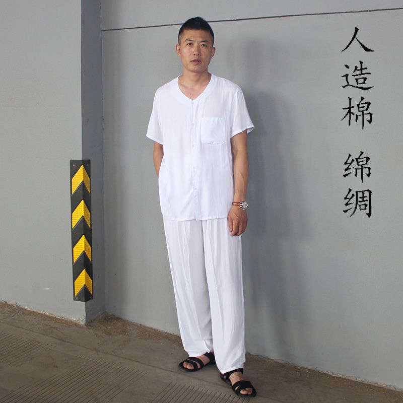 夏季中老年人造棉开衫套装男式圆领短袖家居服绵绸睡衣长裤两件套