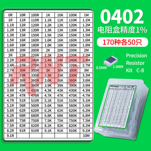 0402贴片电阻盒170种各50个0R-10M精度1%DIY维修测试样品盒5.1k2k