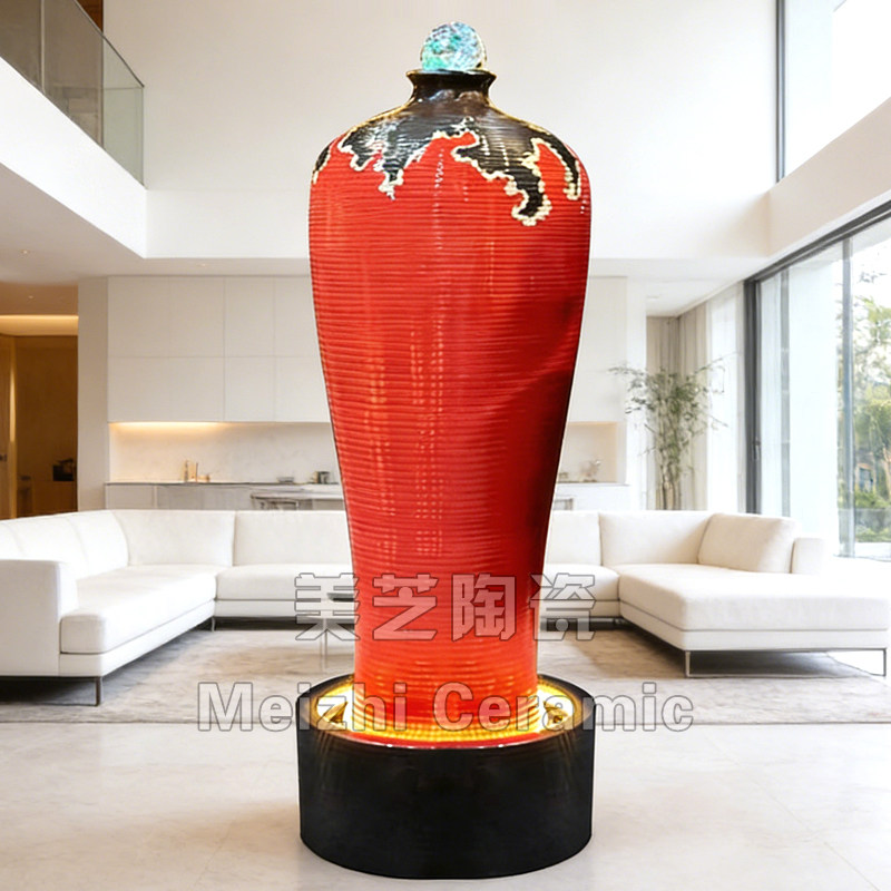 客厅水系喷泉陶罐涌泉缸酒店红色美人瓶流水生财摆件花瓶式加湿器