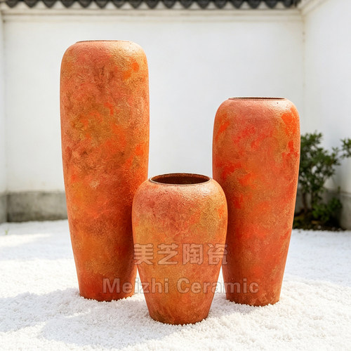 欧式复古陶盆新中式陶罐怀旧风手工粗陶花器艺术落地花瓶陶瓷摆件