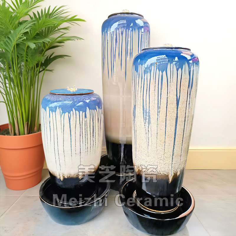 会所轻奢高档喷泉花瓶加湿器客厅陶瓷落地流水摆件循环水景观陶罐