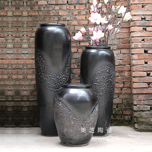民宿黑色禅意复古泡泡釉1.2米陶瓷落地大花瓶子软装饰品陶罐摆件