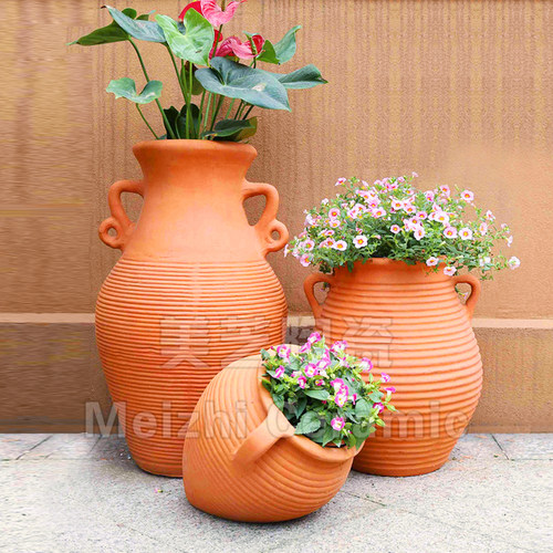 带耳侧卧红陶土陶罐粗陶花盆花器陶瓷落地大花瓶景观绿化小区花坛