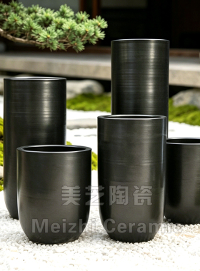 景德镇中式复古陶瓷大花盆绿植发财树陶罐黑色家居大口径花瓶摆件