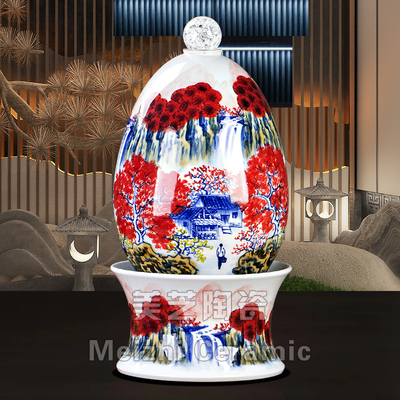 景德镇陶瓷花瓶加湿器水景工艺品水晶球流水罐台面流水盆乔迁礼品