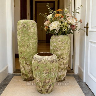 旋转门花瓶大型干枝花艺大堂插花钵粗陶做旧摆件1.2米复古大陶罐
