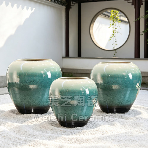 酒店翡翠绿色陶瓷罐陶瓷大花瓶仿真花摆件插花器干支陶罐大口花盆