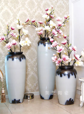 新中式白色瓷缸插花器客厅茶室装饰花罐陶瓷落地大花瓶仿真花陶罐