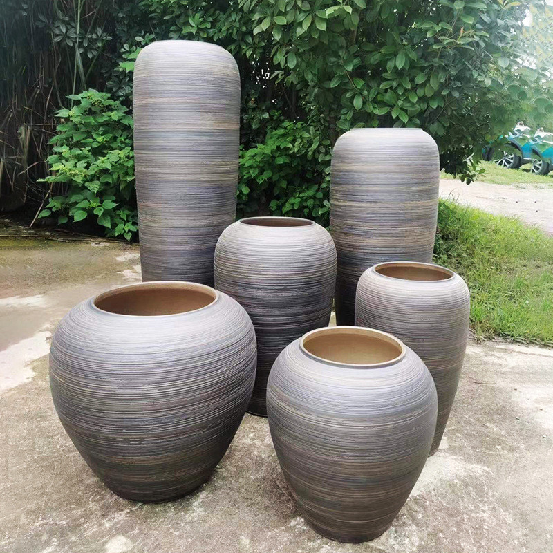 定做复古粗陶罐流水摆件水缸客厅室外大号花瓶组合园林花盆插花器