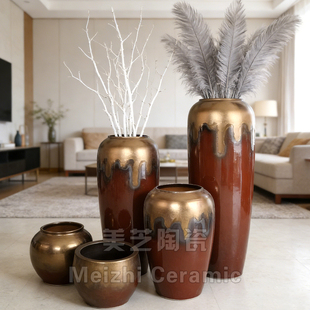 商务中心插花罐花艺陶缸摆件红色花器餐厅陶罐中式陶瓷落地大花瓶
