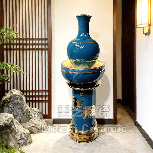 客厅招财流水球带灯光雾化器落地陶瓷流水摆件循环水系花瓶加湿器