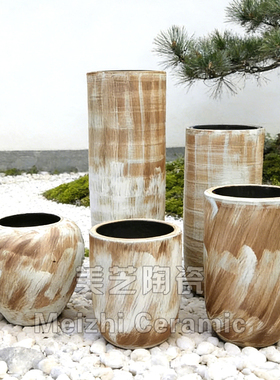 户外大口径花瓶水培复古陶罐新中式陶瓷插干花种花盆粗陶家居摆件