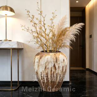售楼部餐厅落地大号花瓶复古插花器仿古粗陶花盆干花陶罐软装饰品