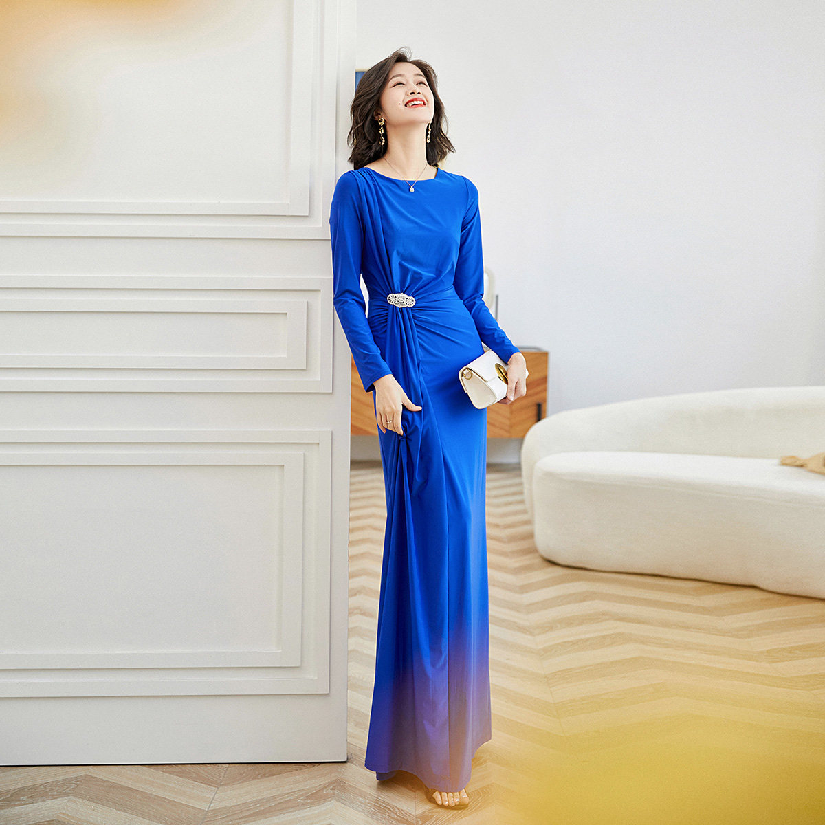 欧美简约冷淡风年会派对聚会礼服裙636高端拖地长袖宝蓝色连衣裙