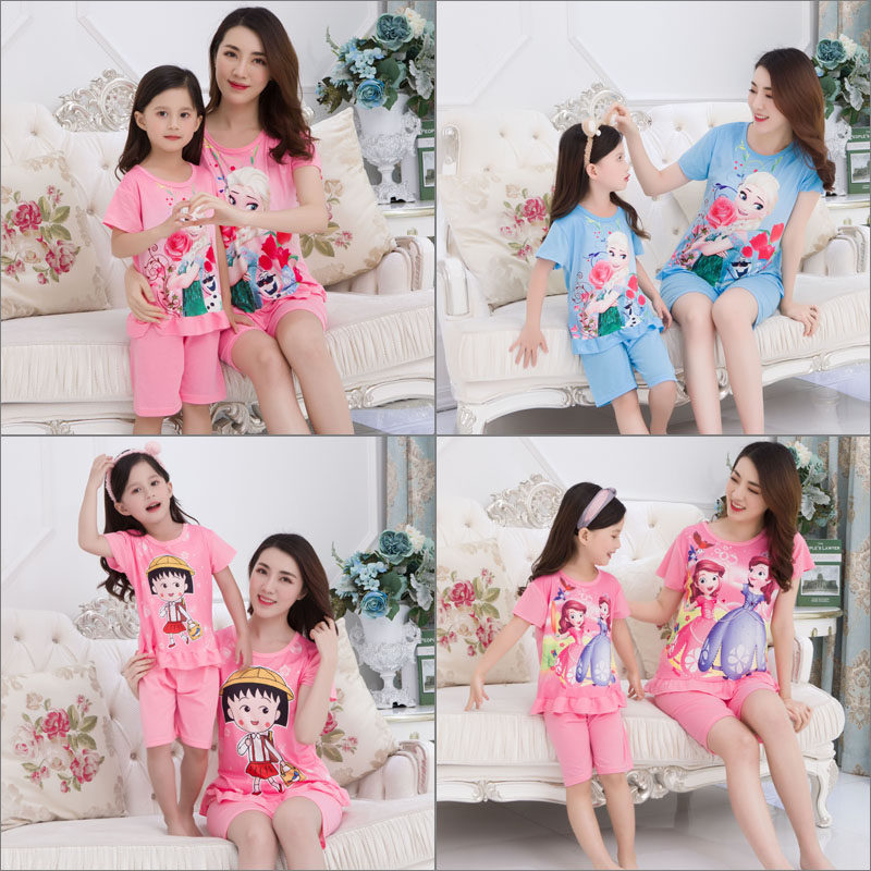 夏季儿童睡衣套装亲子短袖棉质母女卡通中大童冰雪奇缘公主睡裙女|msdalam kategori Kanak-kanak/Bayi/Keluarga dipasang, pakaian kanak-kanak di rumah, pakej perkhidmatan rumah - dari Buy2taobao.com untuk memberikan perkhidmatan ejen Taobao profesional membeli