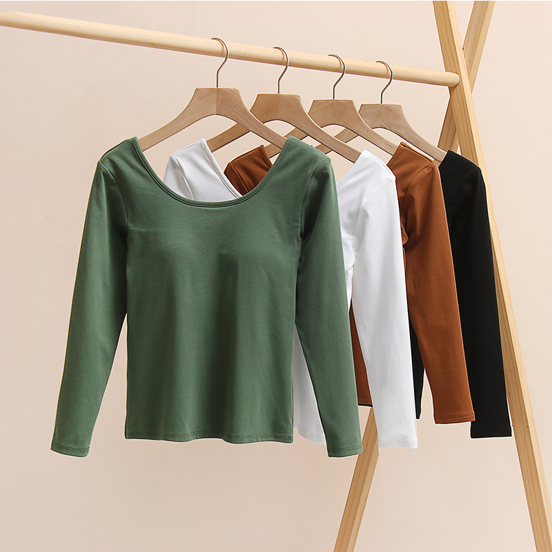 纯棉长袖T恤女带胸垫上衣