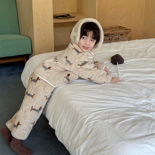 儿童家居服男女童冬季 男孩加厚卡通居家服 保暖三层夹棉翻领睡衣裤